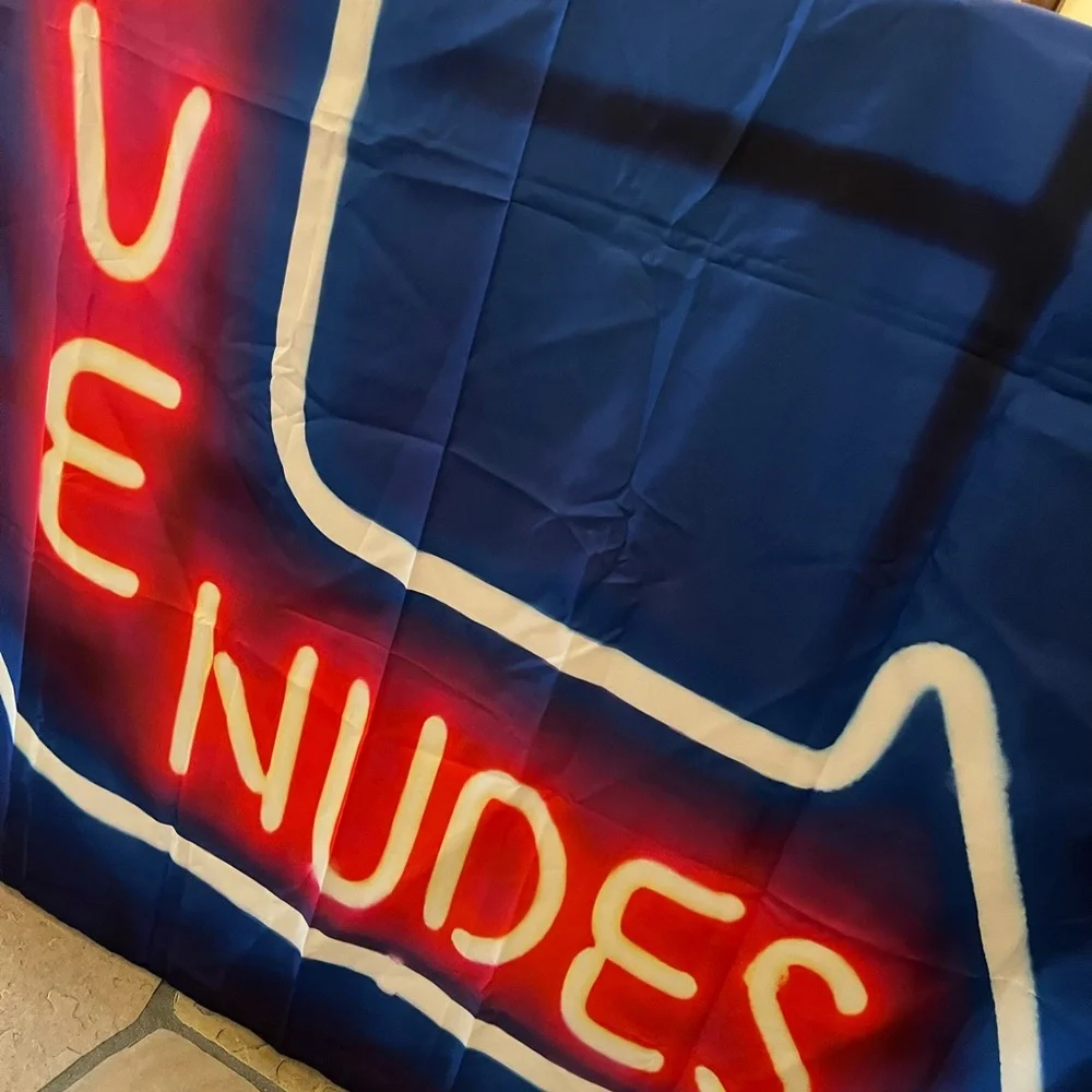 LIVE NUDES neon shower curtain, fabric liner & shower rings. Brand new
